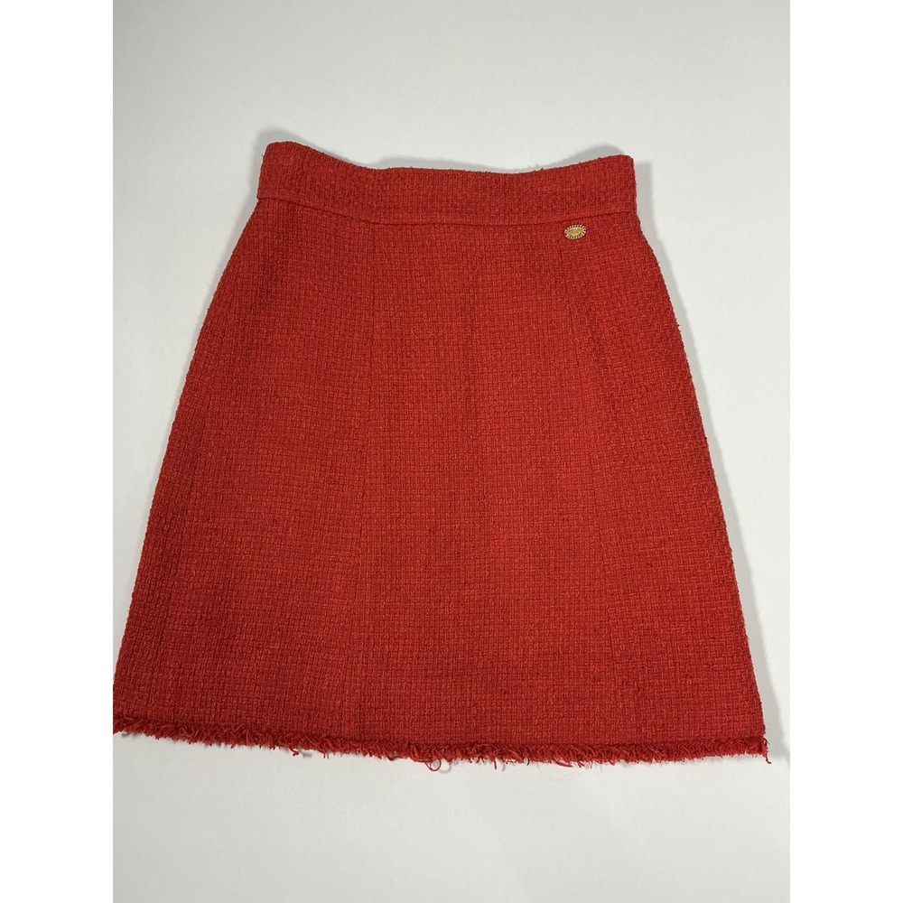 Authentic Chanel Vintage 10P Red Tweed Boucle Fringed Skirt CC Logo 36
